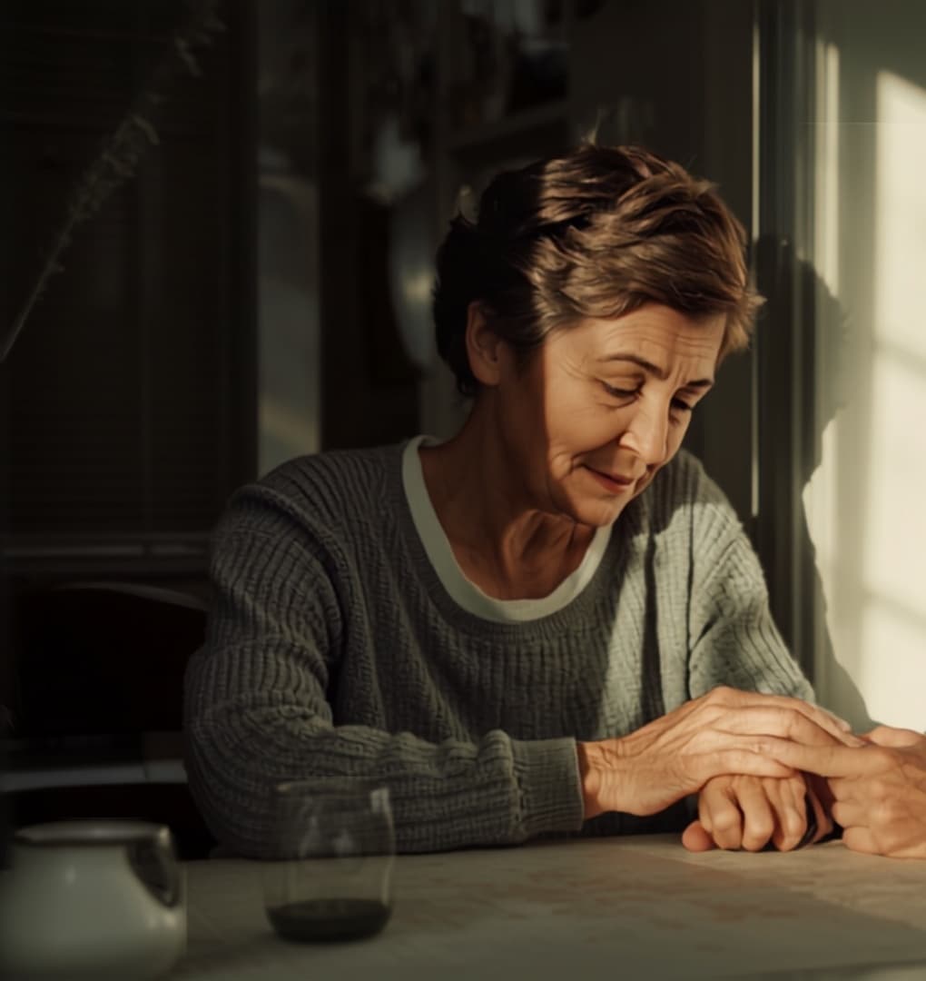 Adult daughter holding her mother's hand at the kitchen table